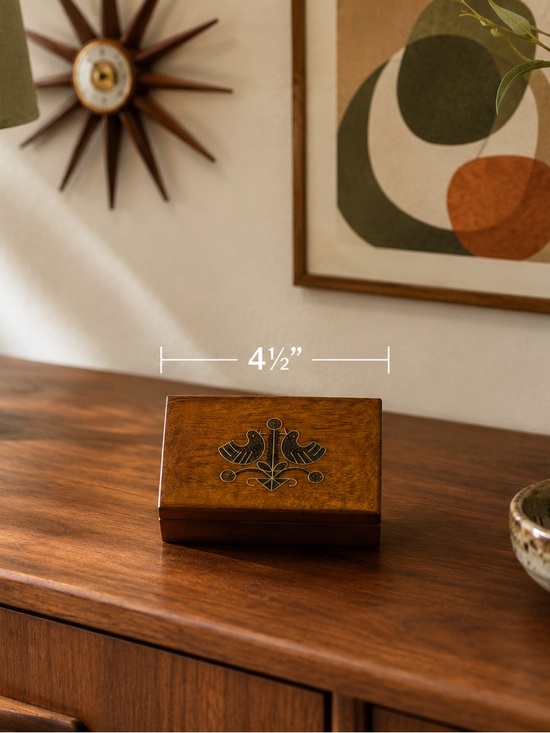 Vintage Other - Mid Century Modern Polish Folk Art trinket box with brass inlay bird carvings
